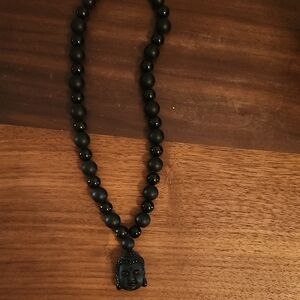 Black Onyx 16in Beaded Necklace with Buddha Pendant